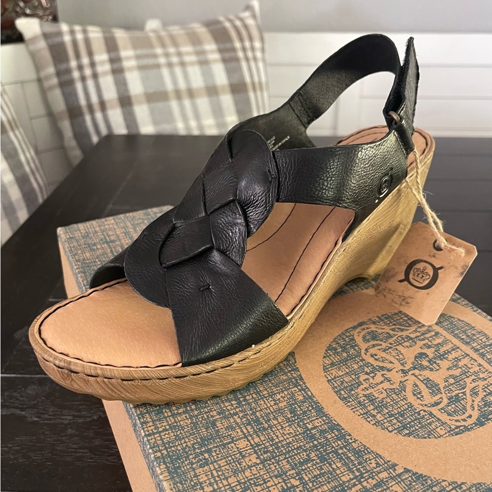 Born Nina Black Braided Leather Wedge Sandal with Tan Sole